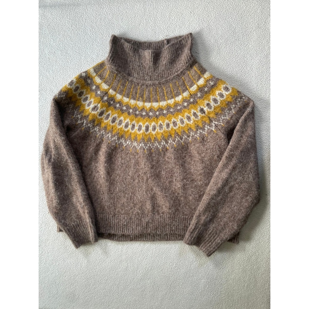 Gap Women Large Sweater Brown Fair Isle Mock Neck Knit Pullover Cottagecore Soft